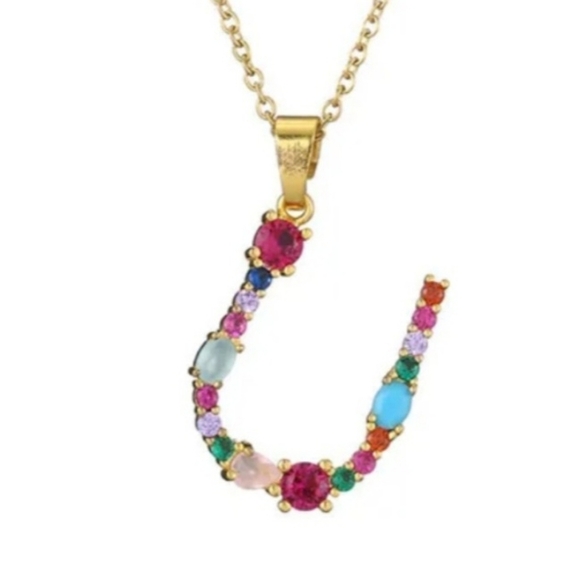 U Initial Pendant Necklace Multicolor Rhinestones Gold Tone Chain - Picture 1 of 16